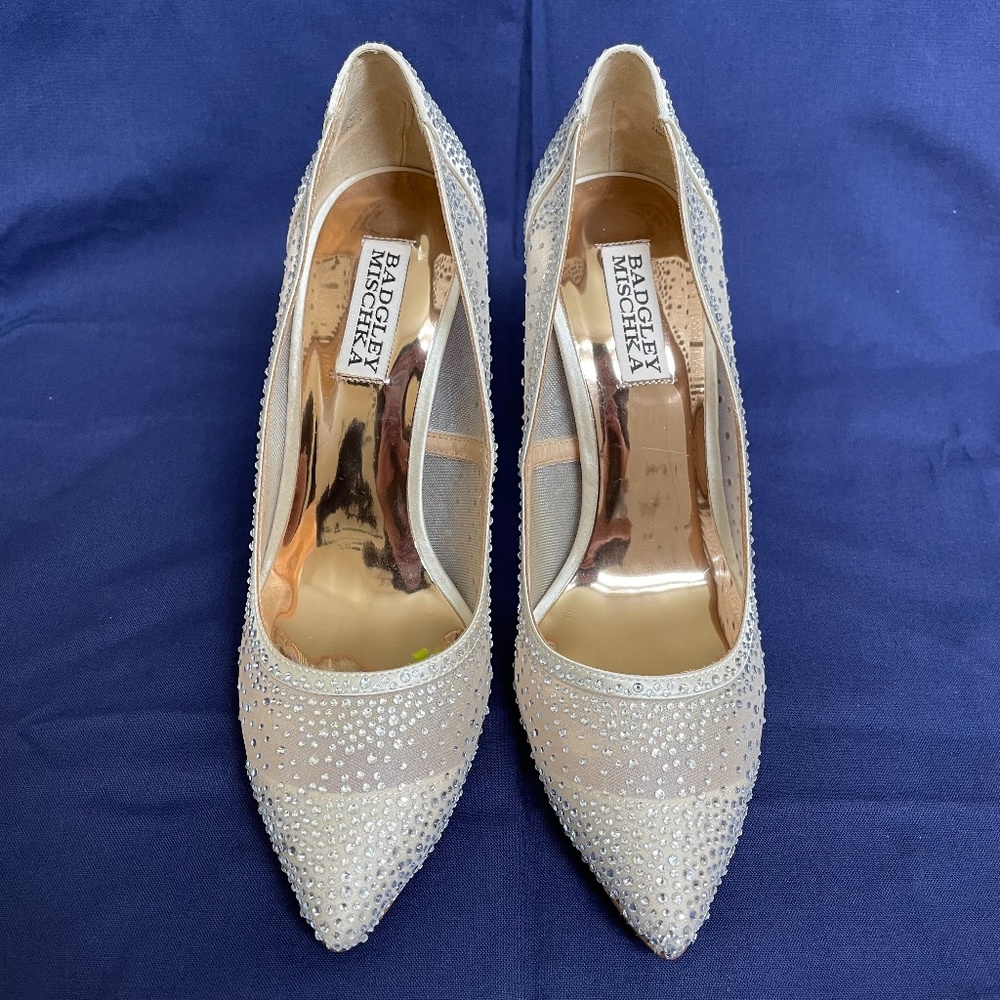 Badgley Mischka Weslee Embellished Satin & Mesh Pointed Toe Pumps - Picture 3 of 7